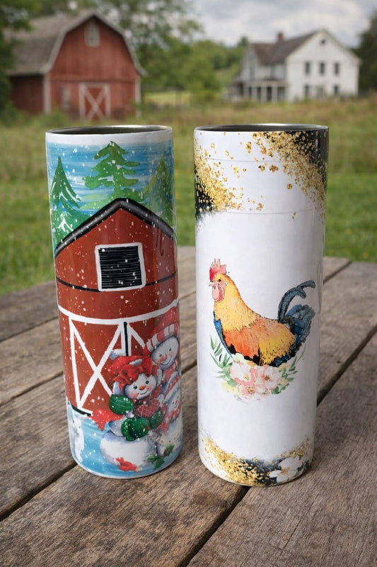 Farmhouse Tumbler Set | Winter Barn & Chicken 20oz Skinny Tumblers